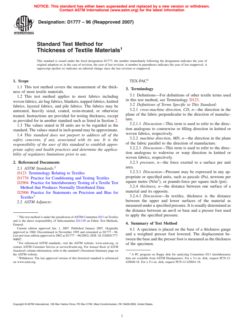 ASTM D1777-96(2007) - Standard Test Method for Thickness of Textile Materials