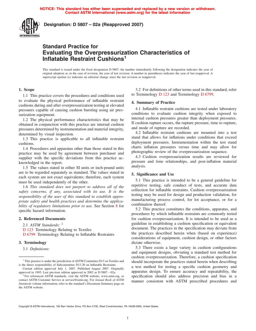 ASTM D5807-02a(2007) - Standard Practice for Evaluating the Overpressurization Characteristics of Inflatable Restraint Cushions