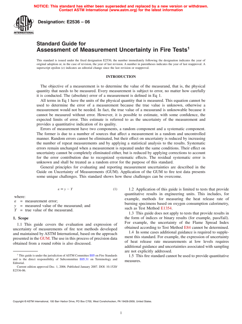 ASTM E2536-06 - Standard Guide for Assessment of Measurement Uncertainty in Fire Tests