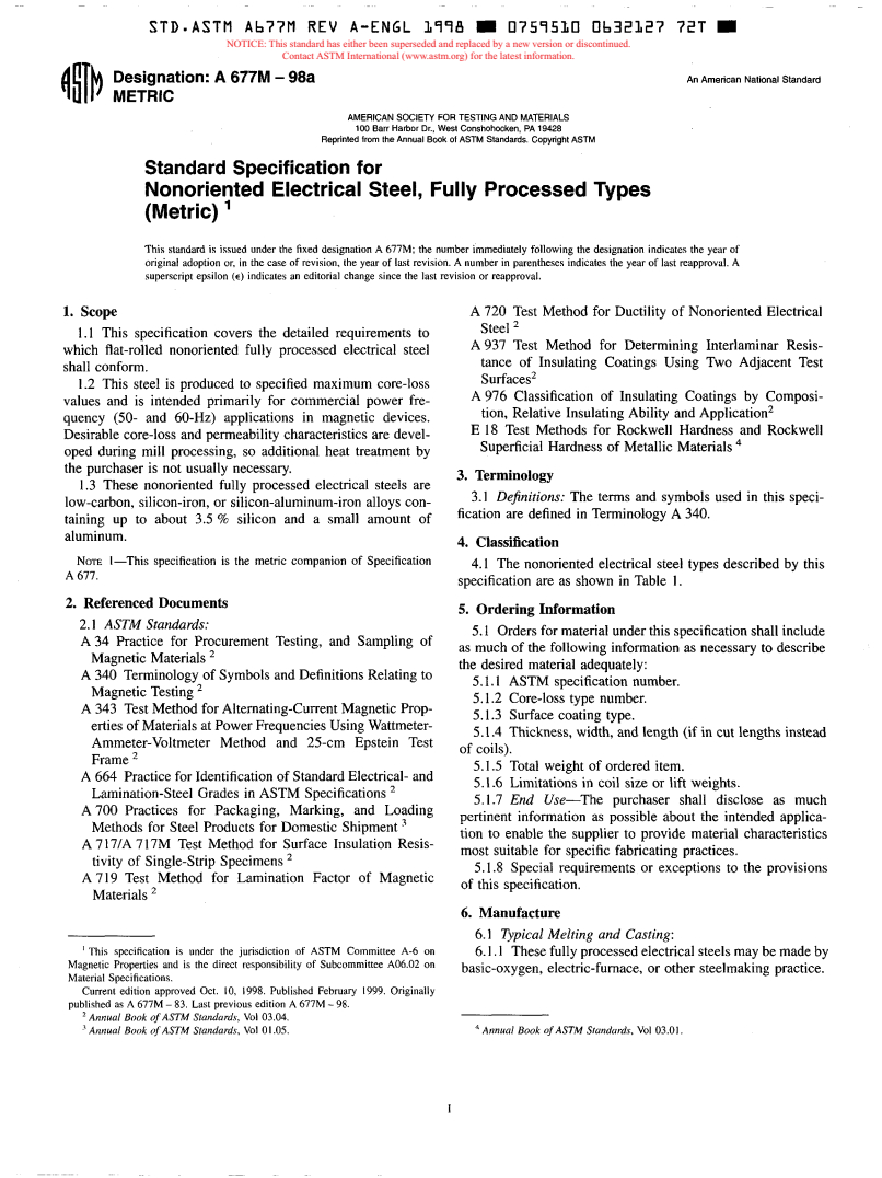 ASTM A677M-98a - Standard Specification for Nonoriented Electrical Steel, Fully Processed Types (Metric) (Withdrawn 2000)