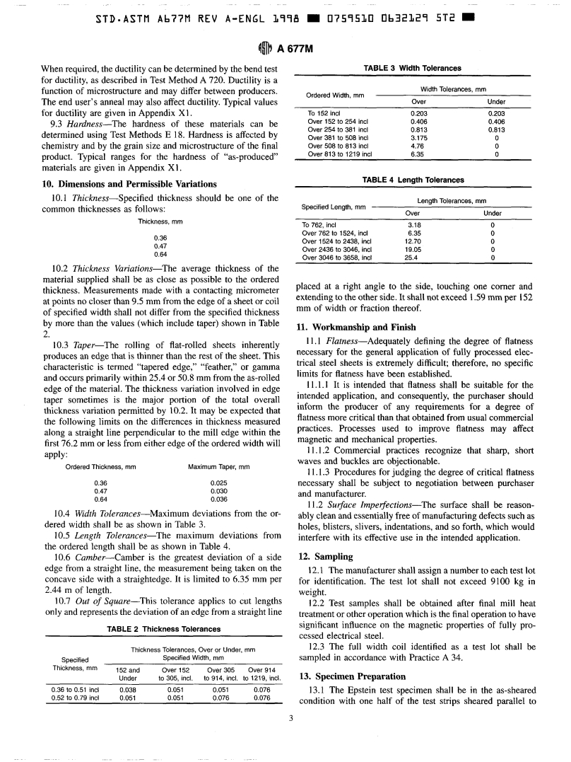 ASTM A677M-98a - Standard Specification for Nonoriented Electrical Steel, Fully Processed Types (Metric) (Withdrawn 2000)