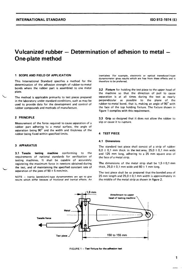 ISO 813:1974 - Vulcanized rubber -- Determination of adhesion to metal -- One-plate method