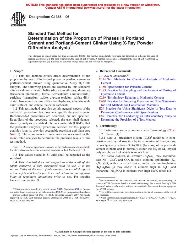 ASTM C1365-06 - Standard Test Method for Determination of the Proportion of Phases in Portland Cement and Portland-Cement Clinker Using X-Ray Powder Diffraction Analysis