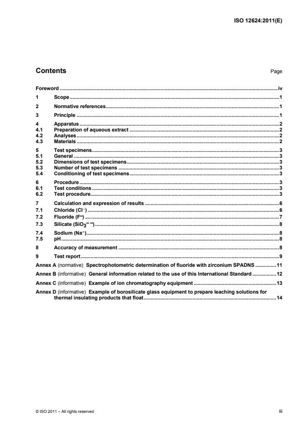 ISO 12624:2011 - Thermal insulating products for building equipment and industrial installations -- Determination of trace quantities of water soluble chloride, fluoride, silicate, sodium ions and pH