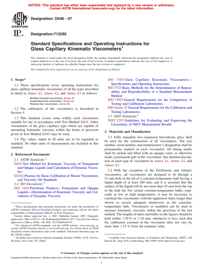 ASTM D446-07 - Standard Specifications and Operating Instructions for Glass Capillary Kinematic Viscometers