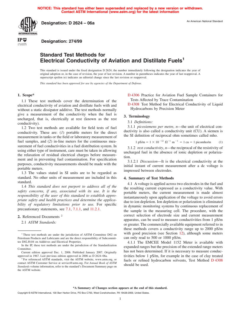 ASTM D2624-06a - Standard Test Methods for Electrical Conductivity of Aviation and Distillate Fuels