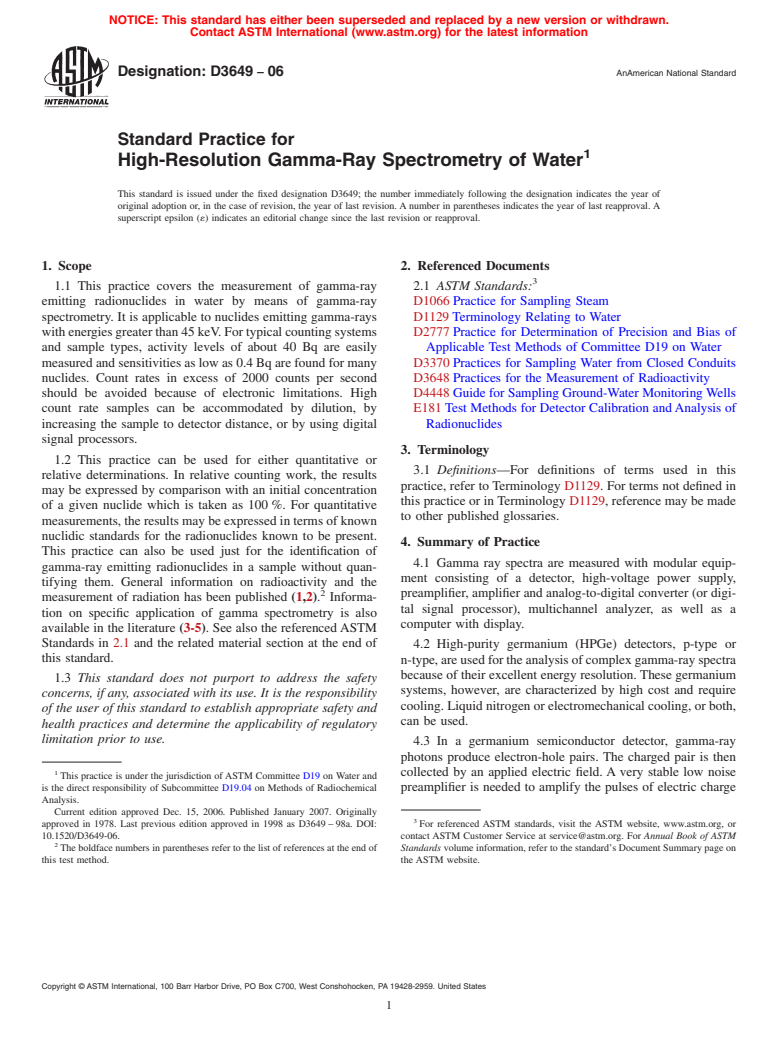 ASTM D3649-06 - Standard Practice for High-Resolution Gamma-Ray Spectrometry of Water