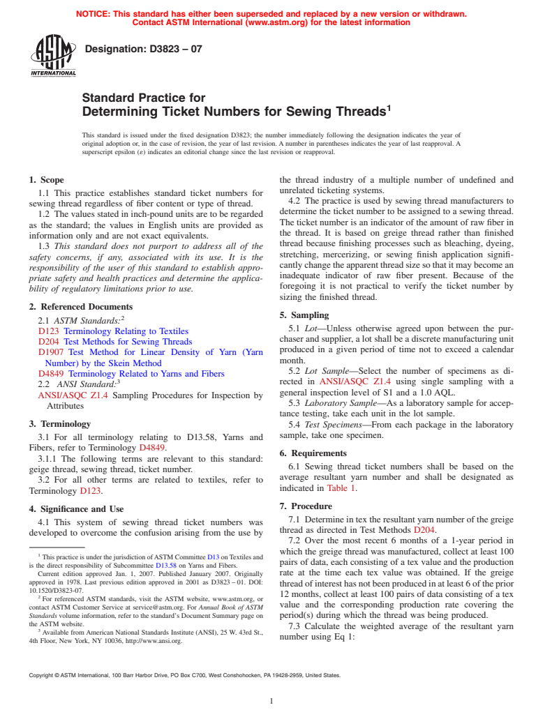ASTM D3823-07 - Standard Practice for Determining Ticket Numbers for Sewing Threads