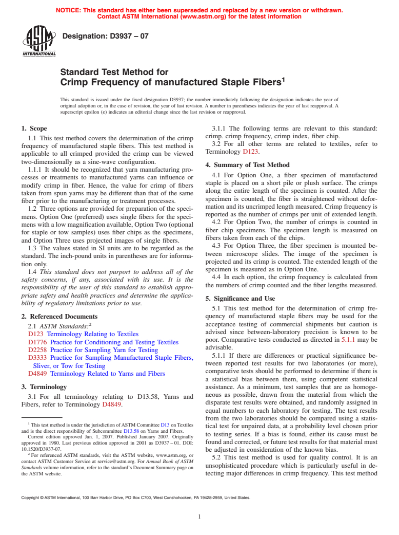 ASTM D3937-07 - Standard Test Method for Crimp Frequency of manufactured Staple Fibers