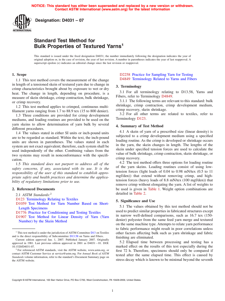 ASTM D4031-07 - Standard Test Method for Bulk Properties of Textured Yarns