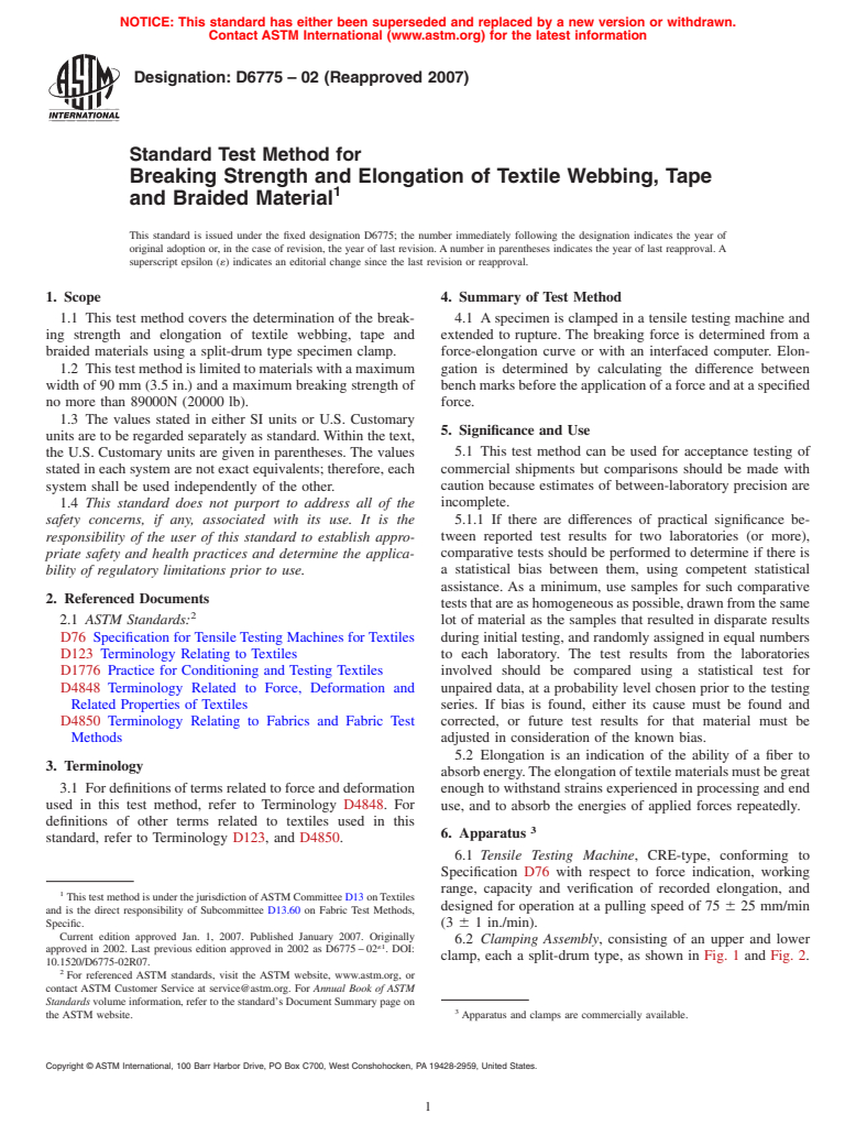 ASTM D6775-02(2007) - Standard Test Method for Breaking Strength and Elongation of Textile Webbing, Tape and Braided Material