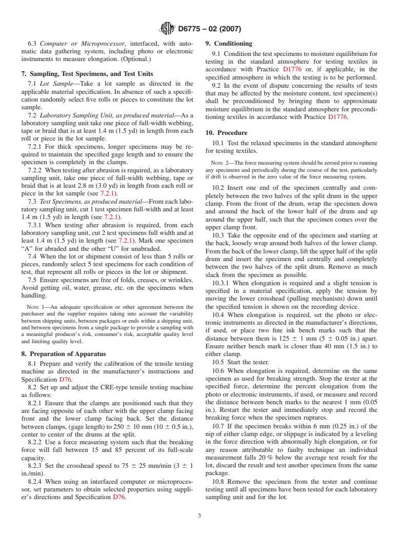 ASTM D6775-02(2007) - Standard Test Method for Breaking Strength and Elongation of Textile Webbing, Tape and Braided Material