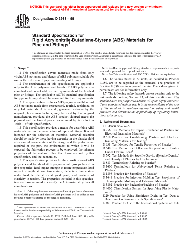 ASTM D3965-99 - Standard Specification for Rigid Acrylonitrile-Butadiene-Styrene (ABS) Materials for Pipe and Fittings