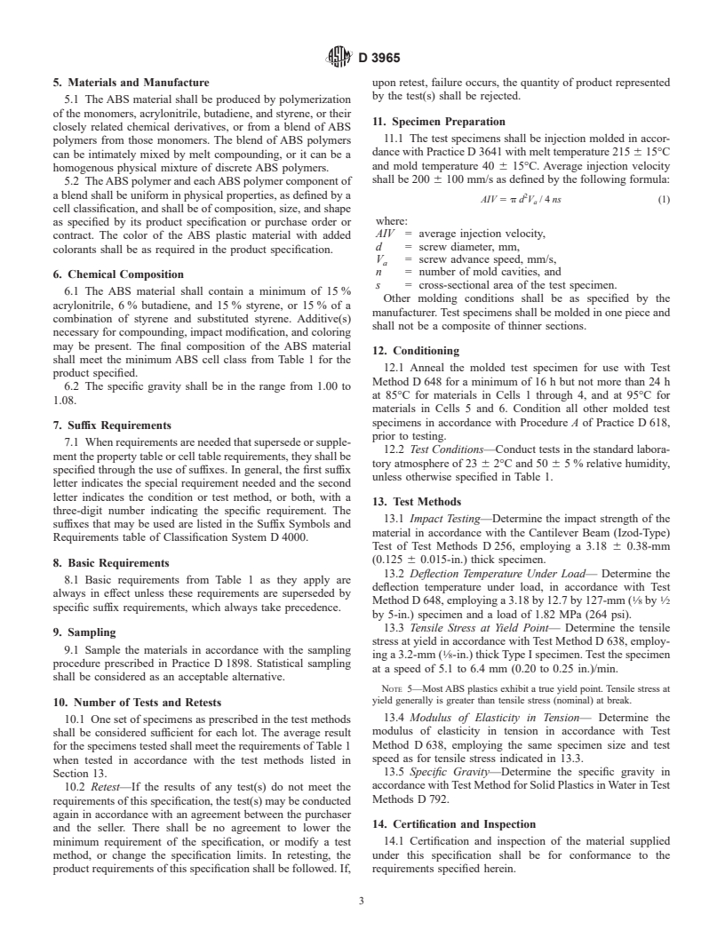 ASTM D3965-99 - Standard Specification for Rigid Acrylonitrile-Butadiene-Styrene (ABS) Materials for Pipe and Fittings