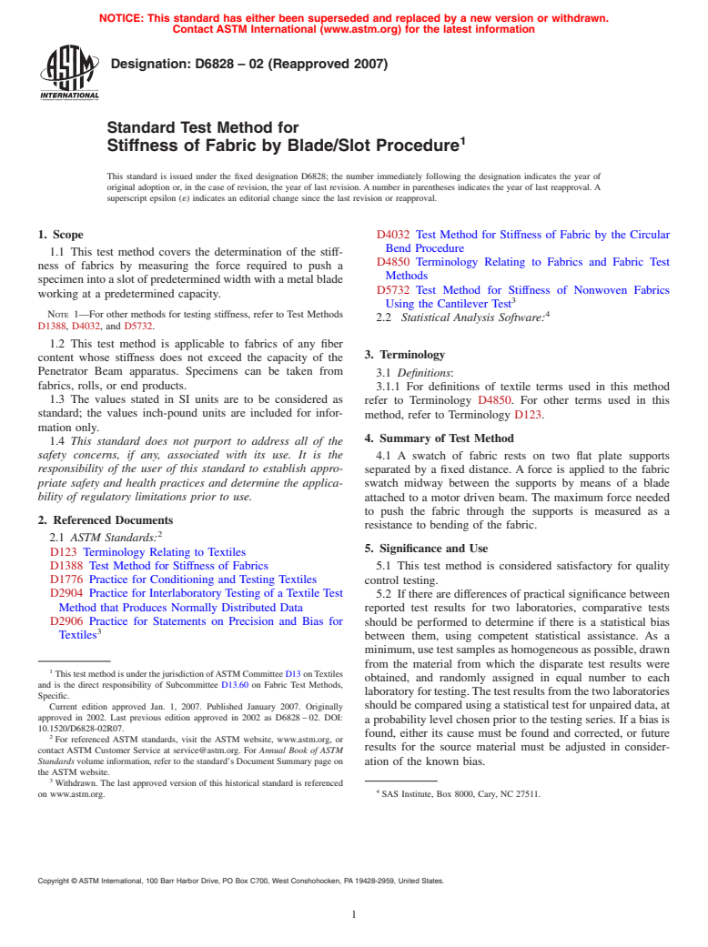 ASTM D6828-02(2007) - Standard Test Method for Stiffness of Fabric by Blade/Slot Procedure