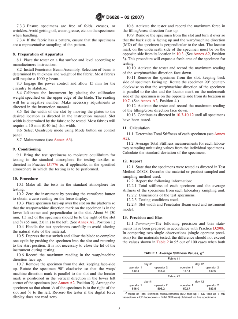 ASTM D6828-02(2007) - Standard Test Method for Stiffness of Fabric by Blade/Slot Procedure