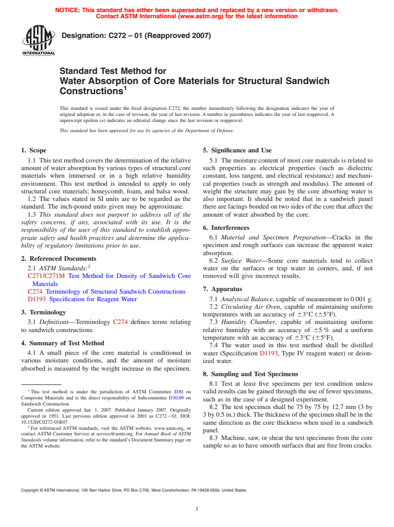 ASTM C272-01(2007) - Standard Test Method for Water Absorption of Core Materials for Structural Sandwich Constructions