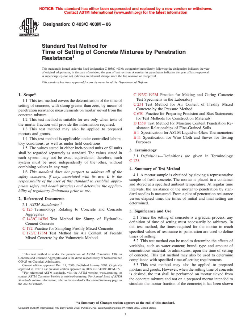 ASTM C403/C403M-06 - Standard Test Method for Time of Setting of Concrete Mixtures by Penetration Resistance