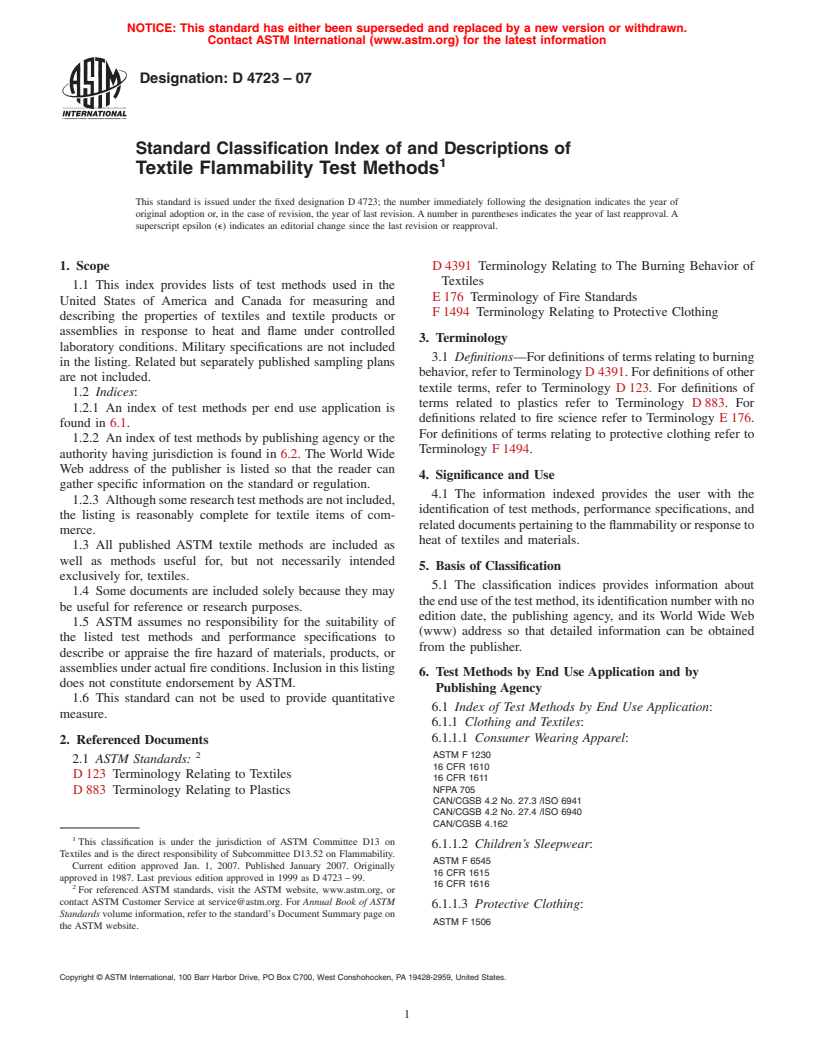 ASTM D4723-07 - Standard Classification Index of and Descriptions of Textile Flammability Test Methods