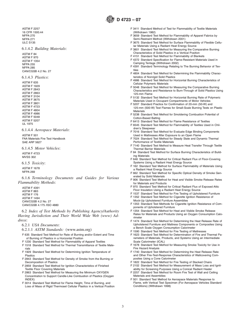 ASTM D4723-07 - Standard Classification Index of and Descriptions of Textile Flammability Test Methods