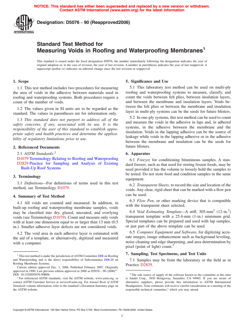 ASTM D5076-90(2006) - Standard Test Method for Measuring Voids in Roofing and Waterproofing Membranes