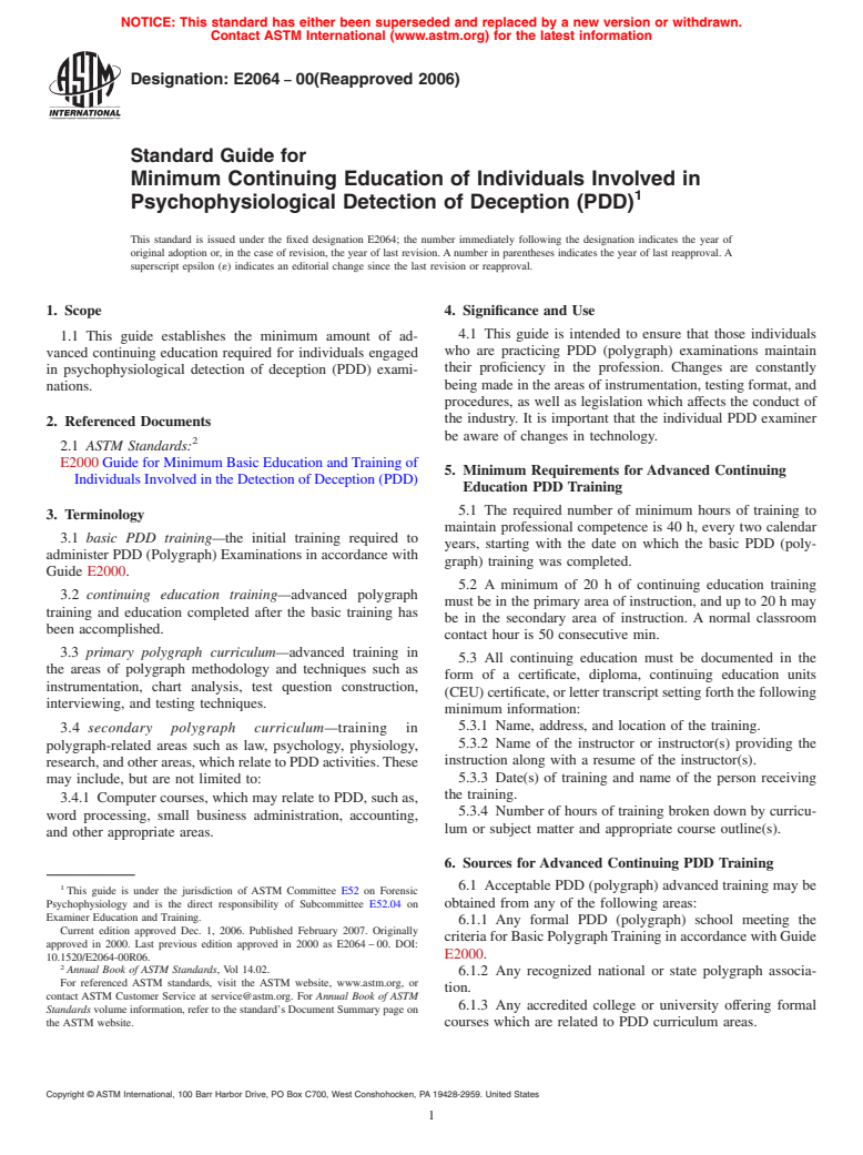 ASTM E2064-00(2006) - Standard Guide for Minimum Continuing Education of Individuals Involved in Psychophysiological Detection of Deception (PDD)