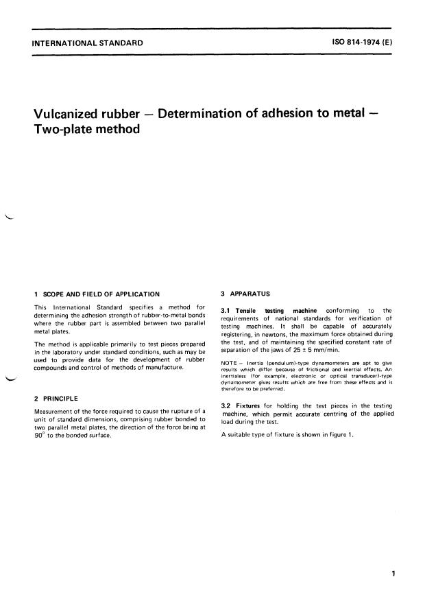 ISO 814:1974 - Vulcanized rubber -- Determination of adhesion to metal -- Two-plate method