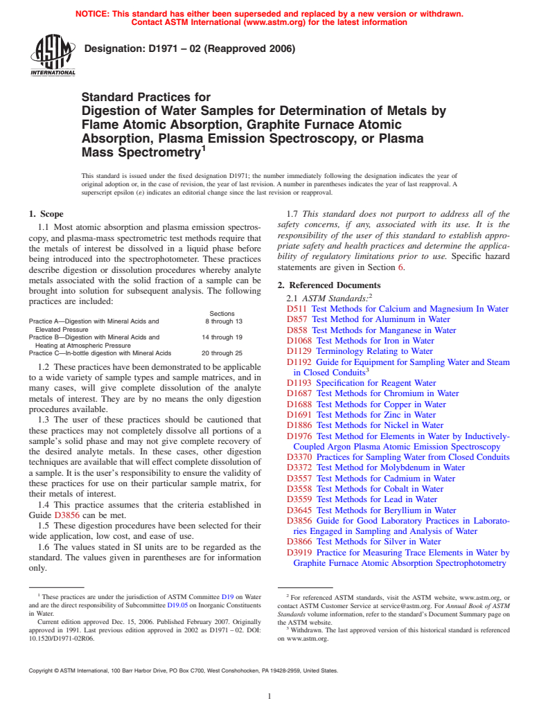 ASTM D1971-02(2006) - Standard Practices for Digestion of Water Samples for Determination of Metals by Flame Atomic Absorption, Graphite Furnace Atomic Absorption, Plasma Emission Spectroscopy, or Plasma Mass Spectrometry