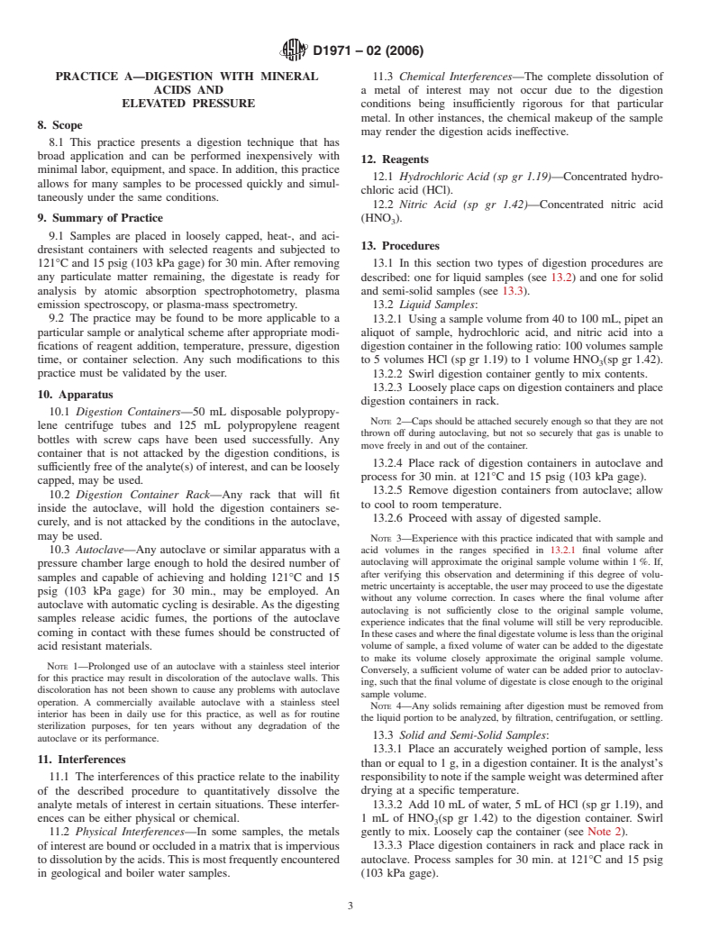 ASTM D1971-02(2006) - Standard Practices for Digestion of Water Samples for Determination of Metals by Flame Atomic Absorption, Graphite Furnace Atomic Absorption, Plasma Emission Spectroscopy, or Plasma Mass Spectrometry