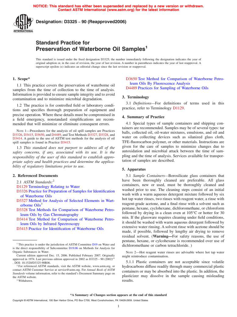 ASTM D3325-90(2006) - Standard Practice for Preservation of Waterborne Oil Samples