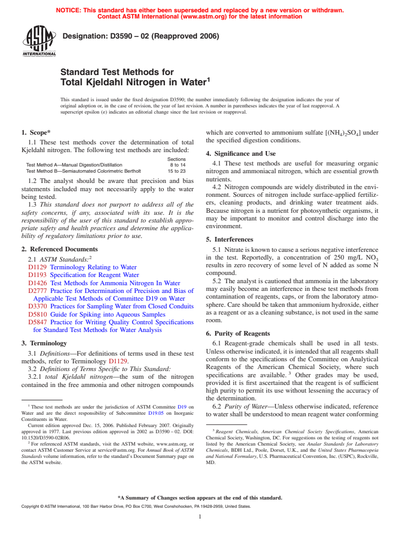 ASTM D3590-02(2006) - Standard Test Methods for Total Kjeldahl Nitrogen in Water