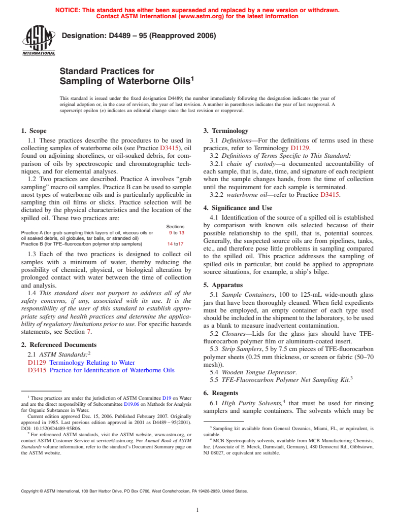ASTM D4489-95(2006) - Standard Practices for Sampling of Waterborne Oils