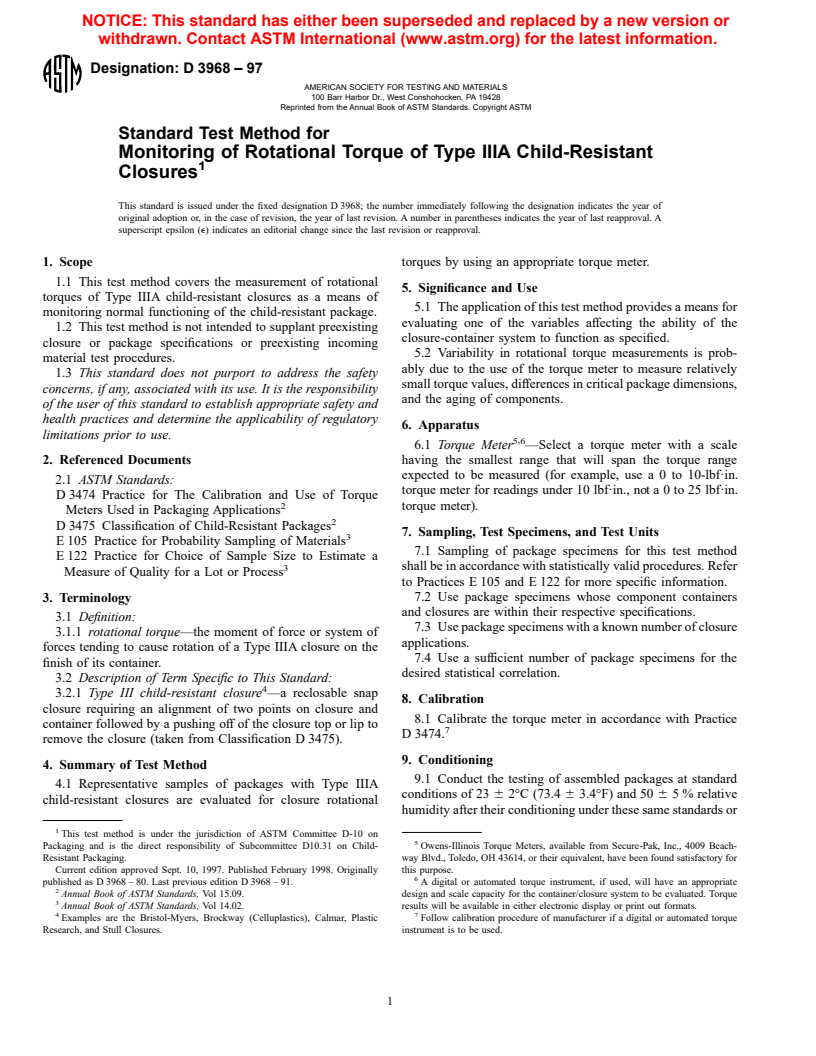 ASTM D3968-97 - Standard Test Method for Monitoring of Rotational Torque of Type IIIA Child-Resistant Closures