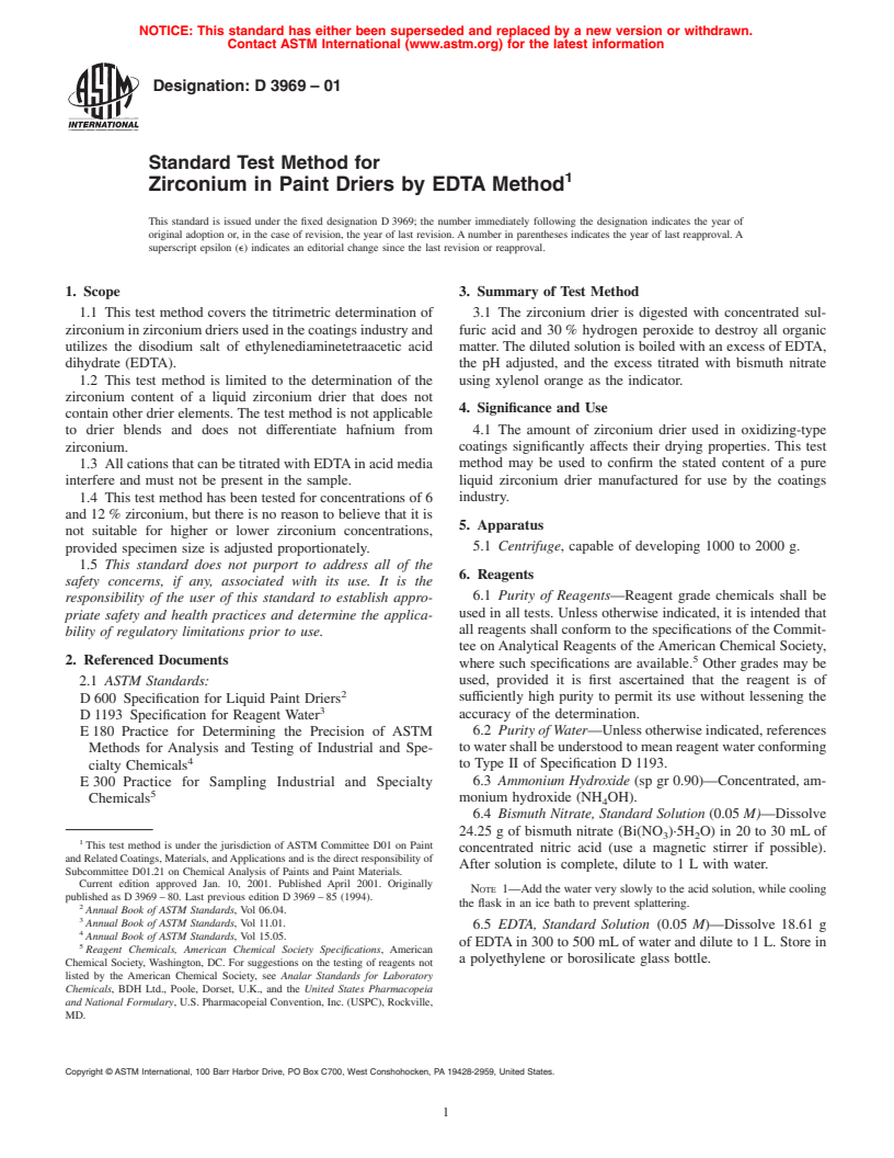 ASTM D3969-01 - Standard Test Method for Zirconium in Paint Driers by EDTA Method