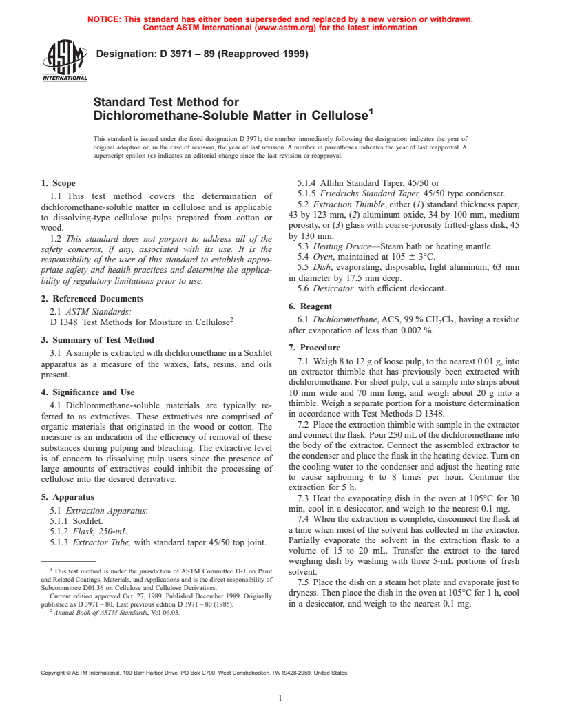 ASTM D3971-89(1999) - Standard Test Method for Dichloromethane-Soluble Matter in Cellulose
