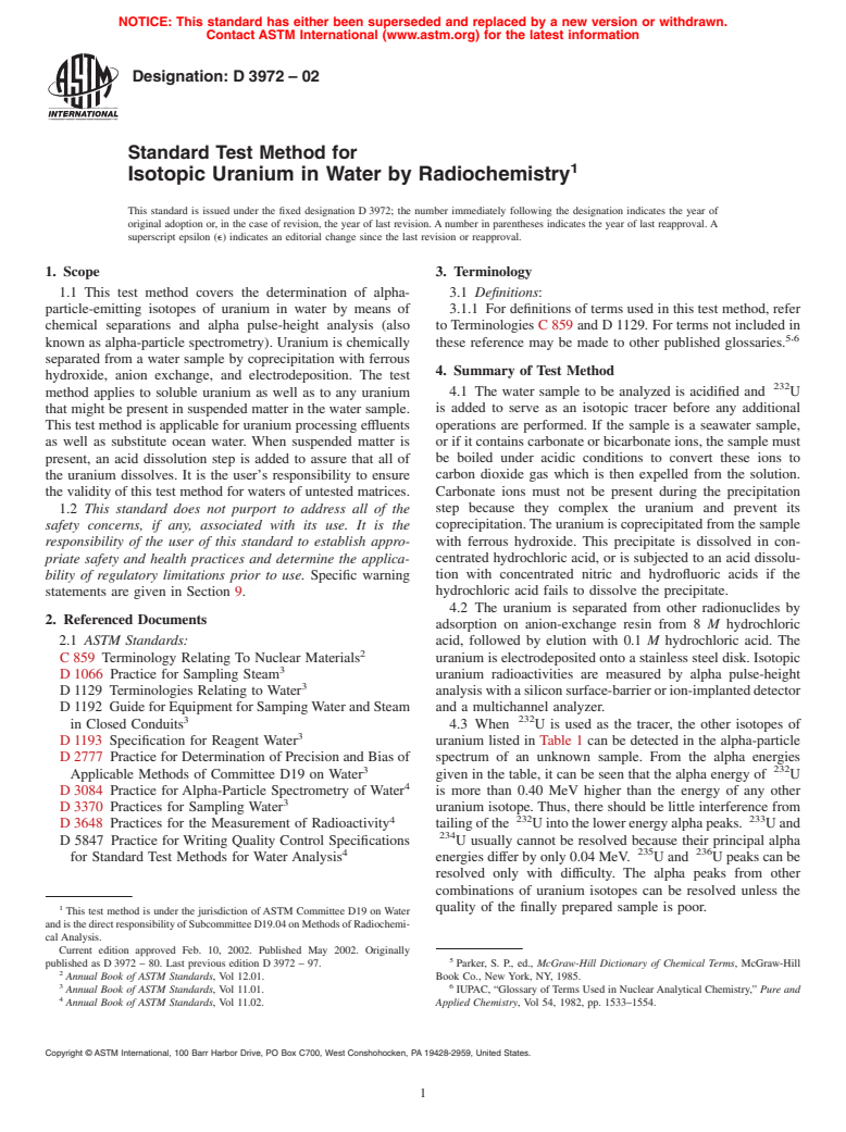 ASTM D3972-02 - Standard Test Method for Isotopic Uranium in Water by Radiochemistry