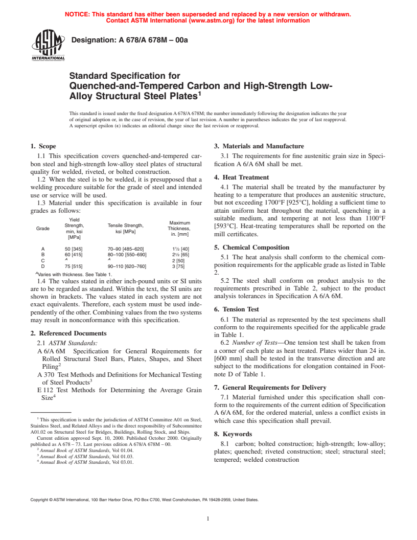 ASTM A678/A678M-00a - Standard Specification for Quenched-and-Tempered Carbon and High-Strength Low-Alloy Structural Steel Plates