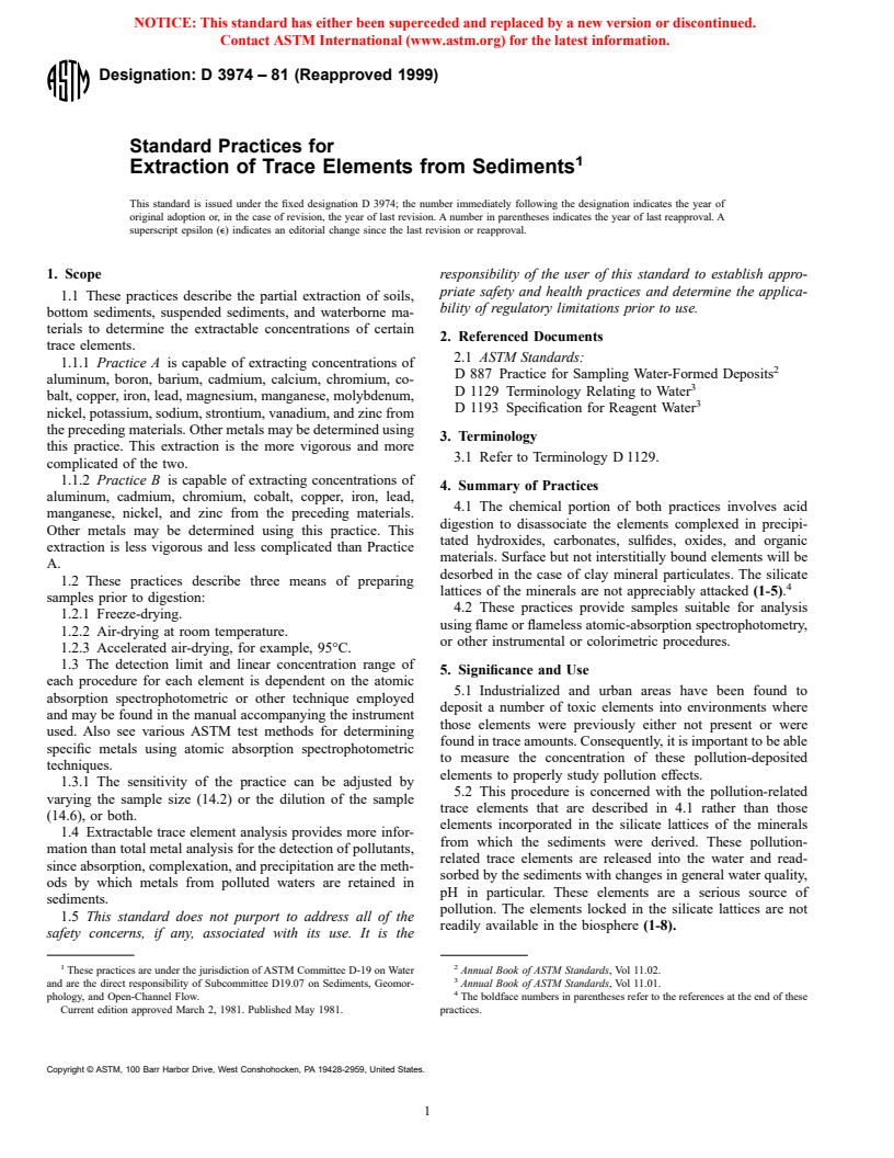 ASTM D3974-81(1999) - Standard Practices for Extraction of Trace Elements from Sediments