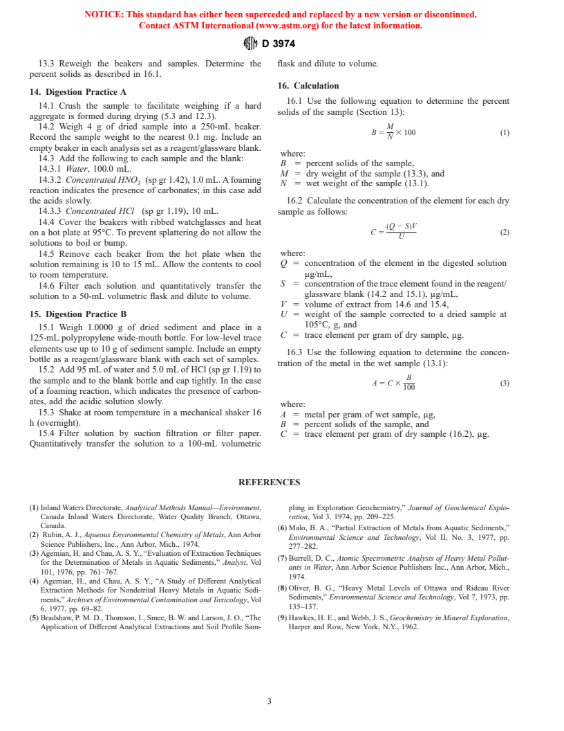 ASTM D3974-81(1999) - Standard Practices for Extraction of Trace Elements from Sediments