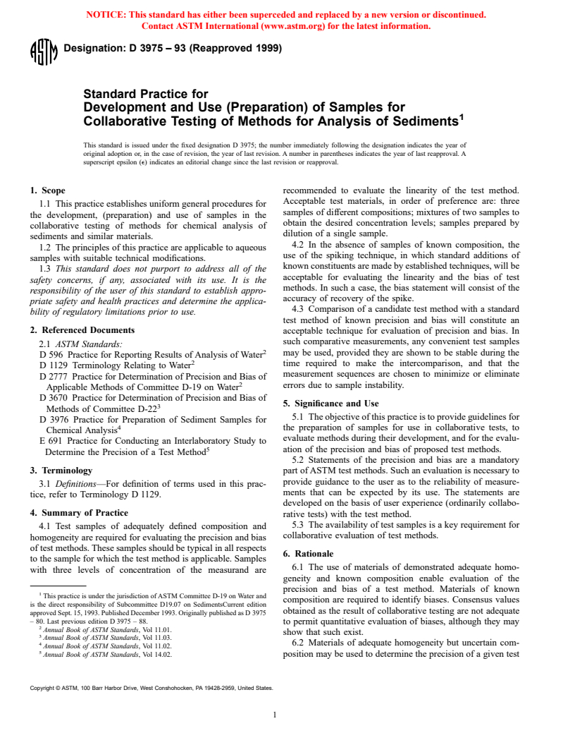 ASTM D3975-93(1999) - Standard Practice for Development and Use (Preparation) of Samples for Collaborative Testing of Methods for Analysis of Sediments