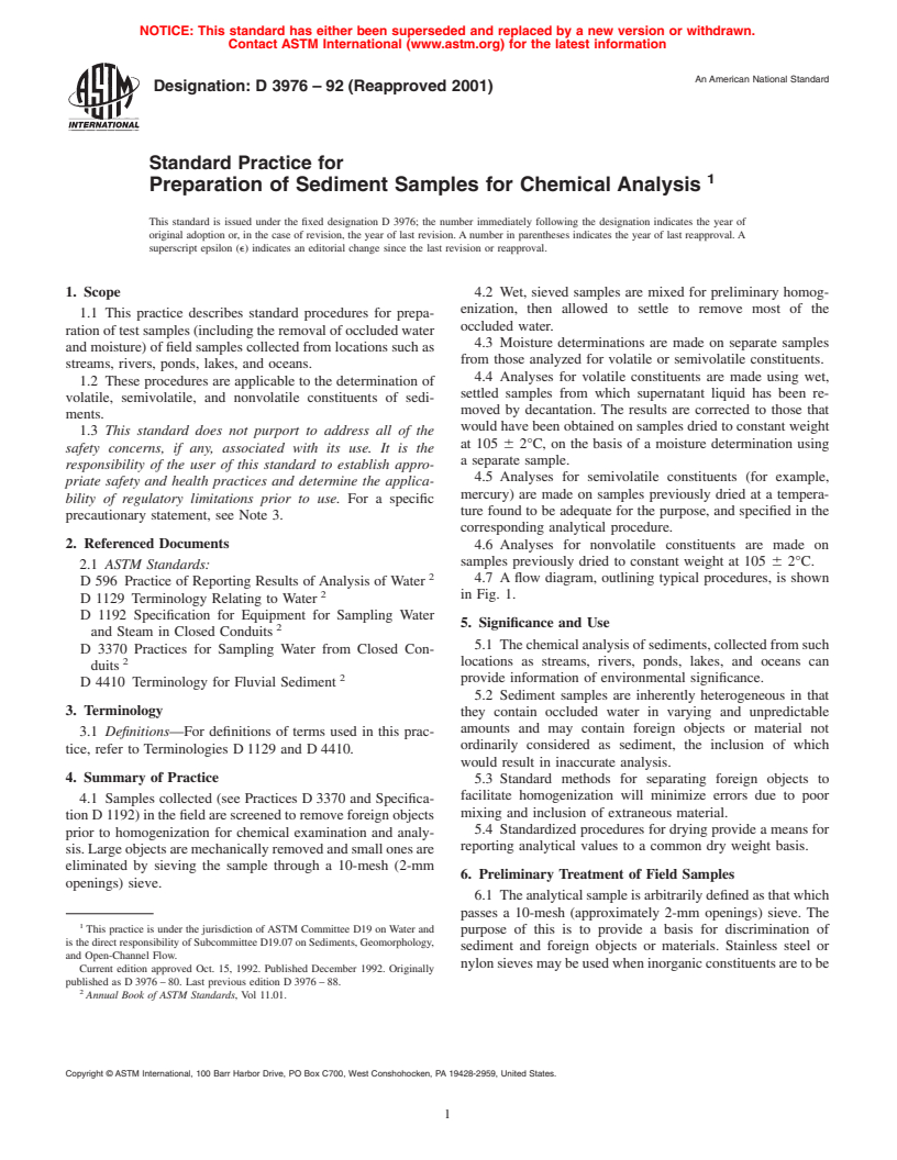 ASTM D3976-92(2001) - Standard Practice for Preparation of Sediment Samples for Chemical Analysis
