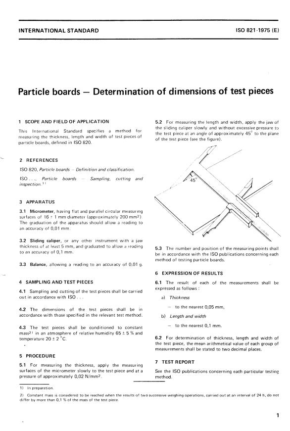 ISO 821:1975 - Particle boards -- Determination of dimensions of test pieces