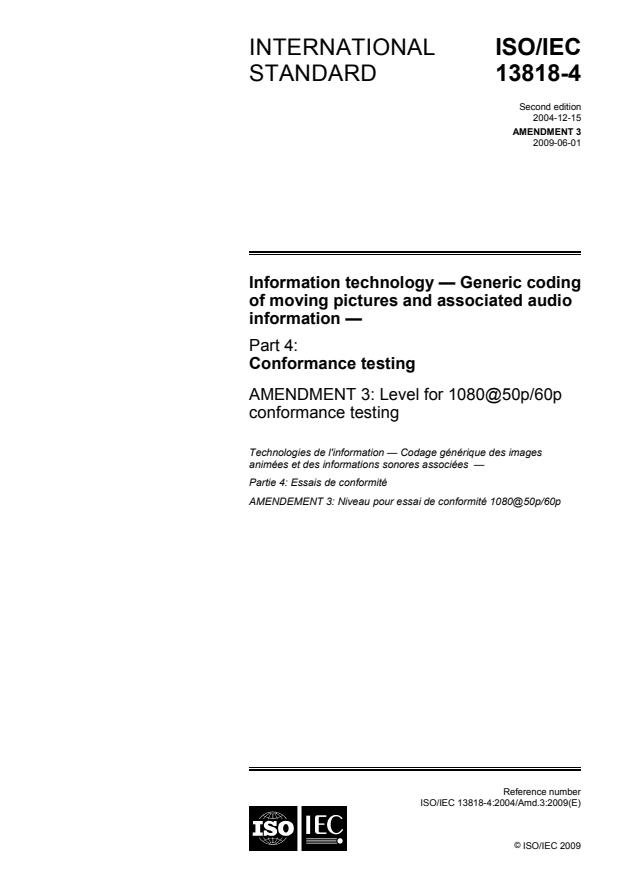 ISO/IEC 13818-4:2004/Amd 3:2009 - Level for 1080@50p/60p conformance testing