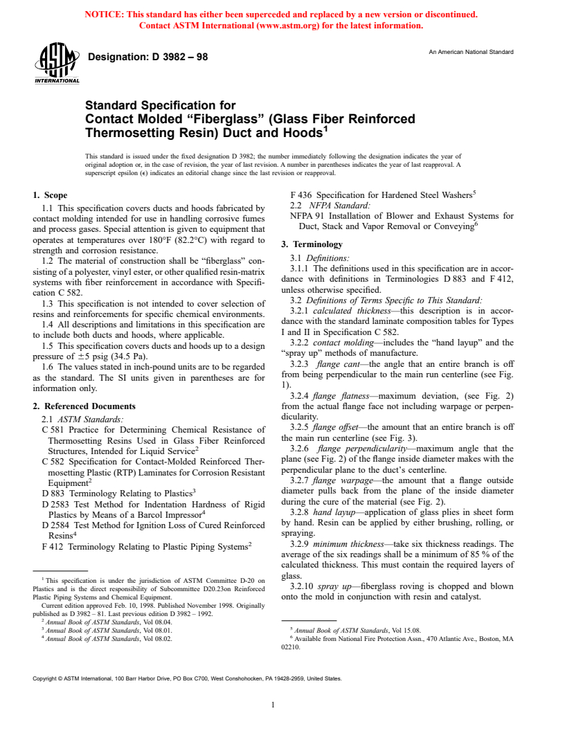 ASTM D3982-98 - Standard Specification for Contact Molded "Fiberglass" (Glass Fiber Reinforced Thermosetting Resin) Duct and Hoods