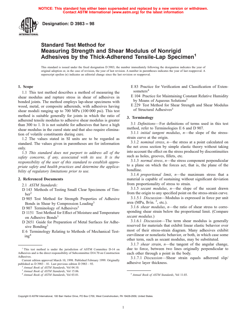 ASTM D3983-98 - Standard Test Method for Measuring Strength and Shear Modulus of Nonrigid Adhesives by the Thick-Adherend Tensile-Lap Specimen