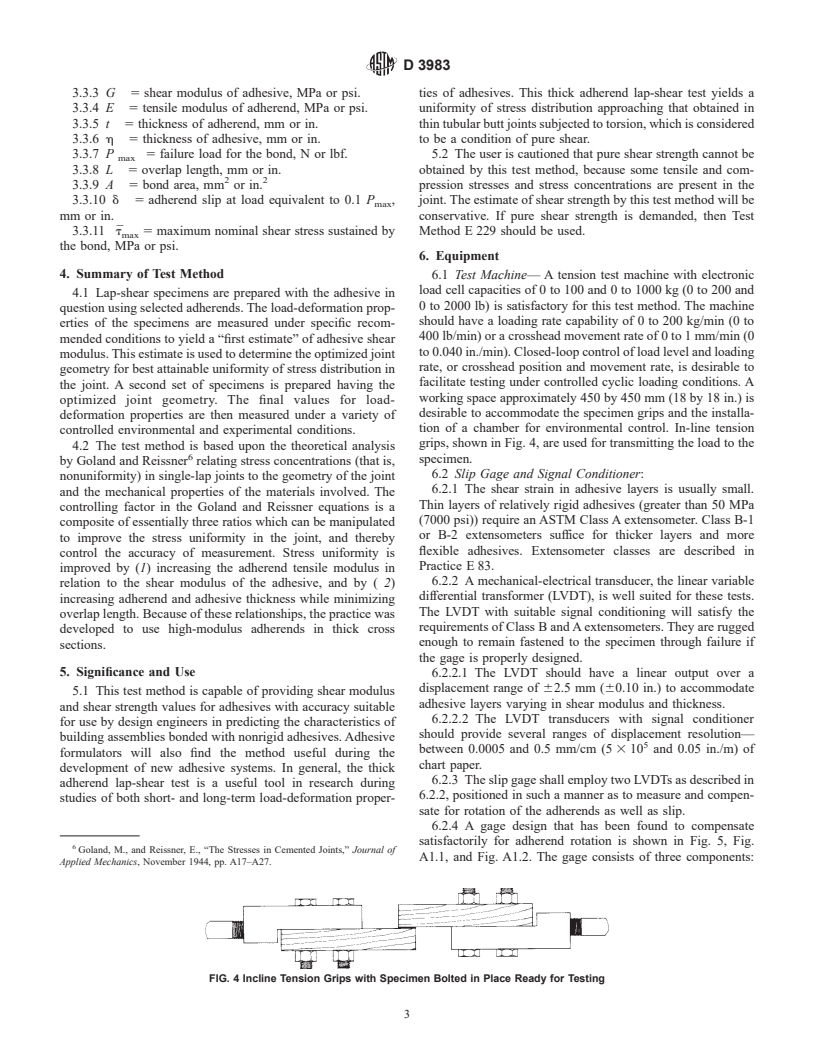 ASTM D3983-98 - Standard Test Method for Measuring Strength and Shear Modulus of Nonrigid Adhesives by the Thick-Adherend Tensile-Lap Specimen