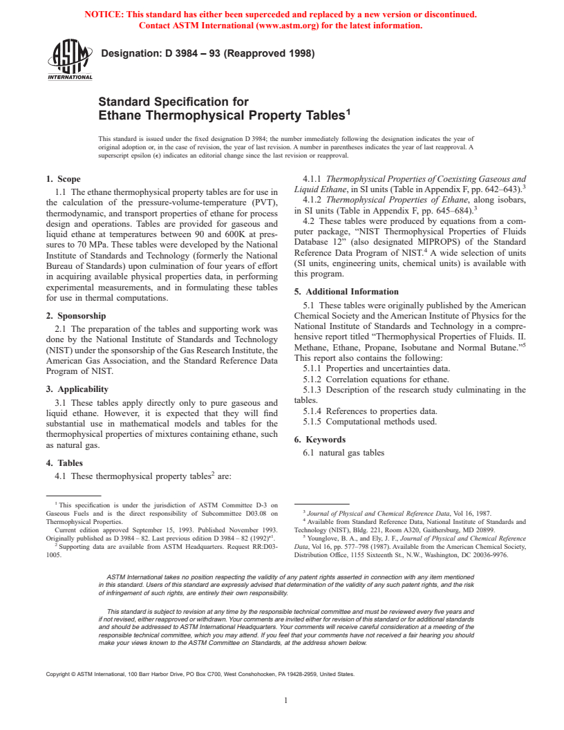 ASTM D3984-93(1998) - Standard Specification for Ethane Thermophysical Property Tables