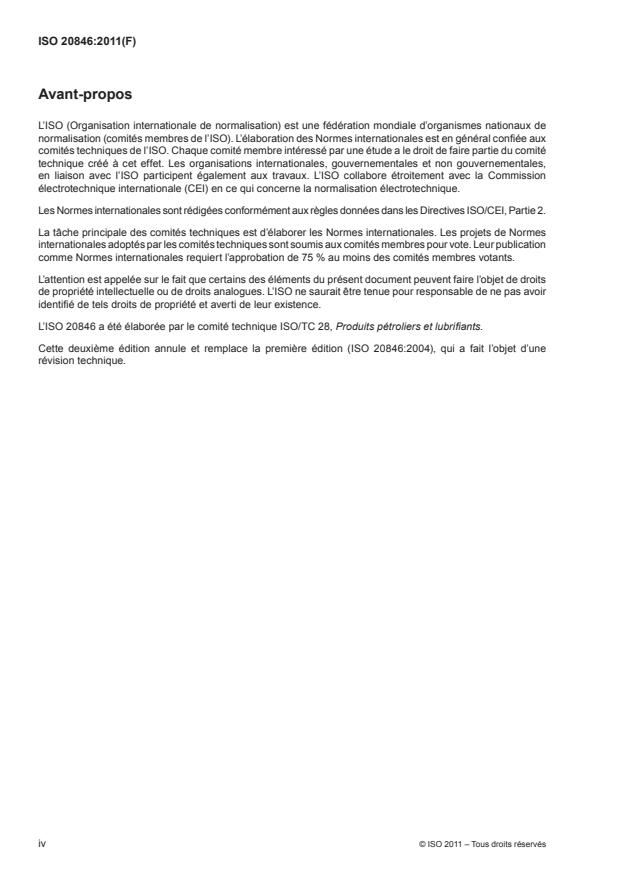 ISO 20846:2011 ISO 20846:2011 - Produits pétroliers -- Détermination de la teneur en soufre des carburants pour automobiles -- Méthode par fluorescence ultraviolette - Page 4 preview