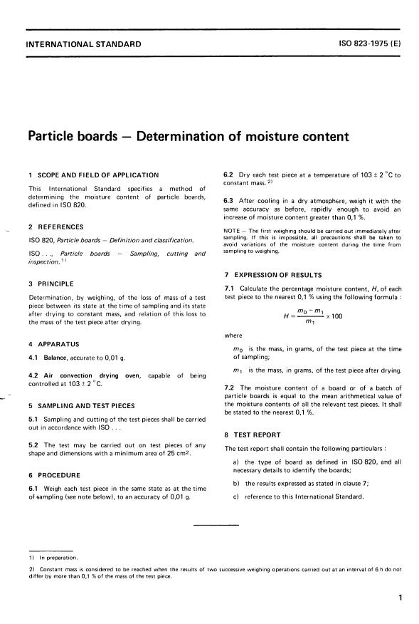 ISO 823:1975 - Particle boards -- Determination of moisture content