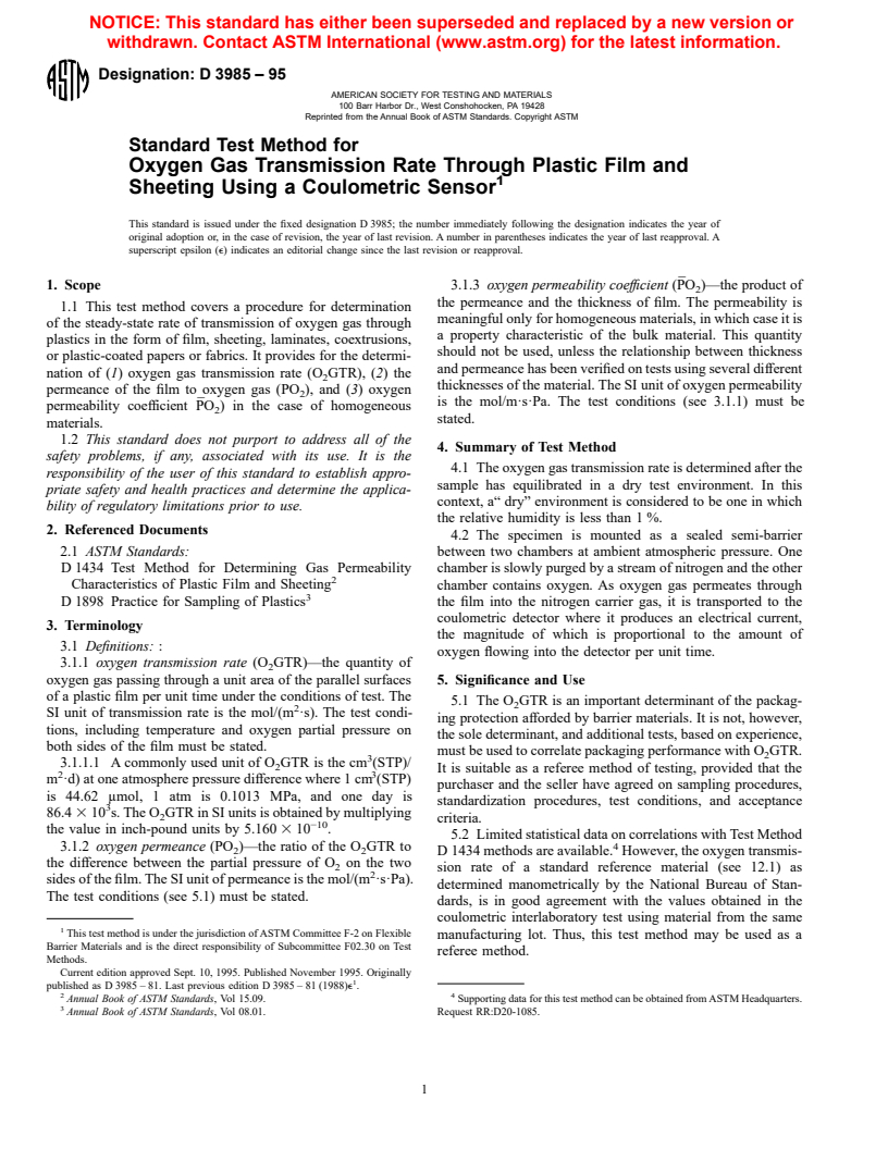 ASTM D3985-95 - Standard Test Method for Oxygen Gas Transmission Rate Through Plastic Film and Sheeting Using a Coulometric Sensor